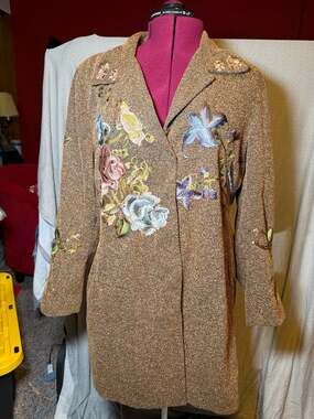 Vintage Newport News Embroidered Floral & Bird Tweed Long Coat Jacket Size 18W